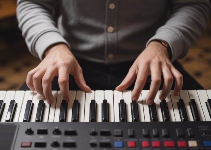 Musician demonstrating major and minor scales on a keyboard.
