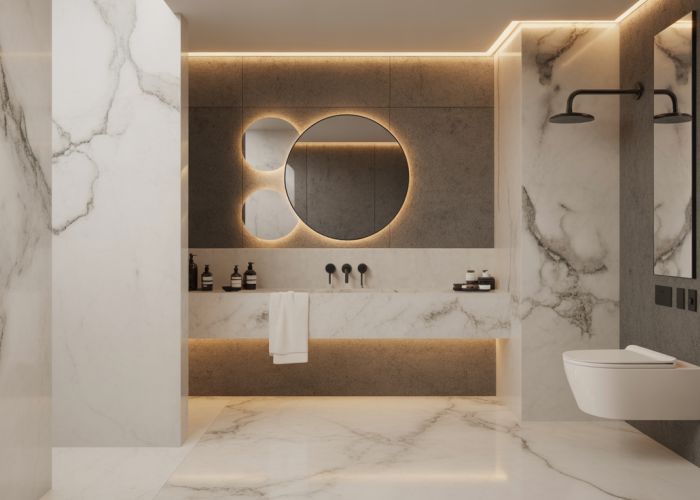 Modern bathroom featuring a marble vanity and a concrete accent wall, highlighting the contrasting textures.