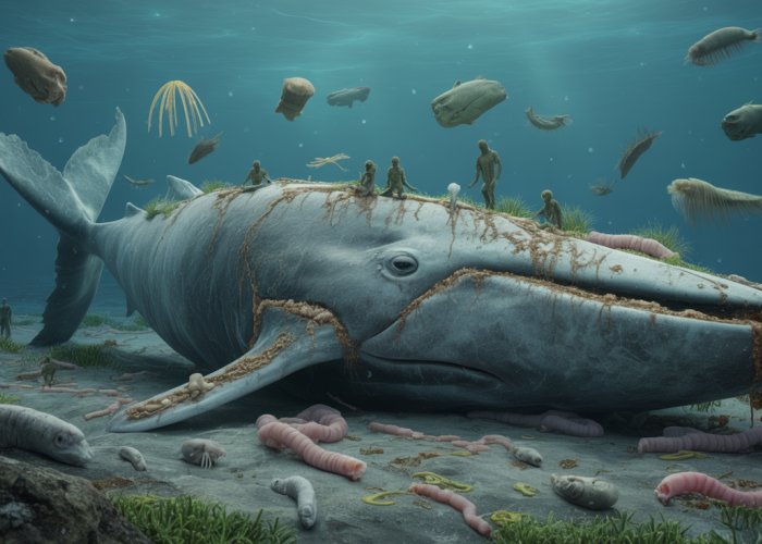 A bustling ecosystem of marine decomposers breaking down a whale carcass on the seabed, showcasing bacteria, hagfish, amphipods, and zombie worms.