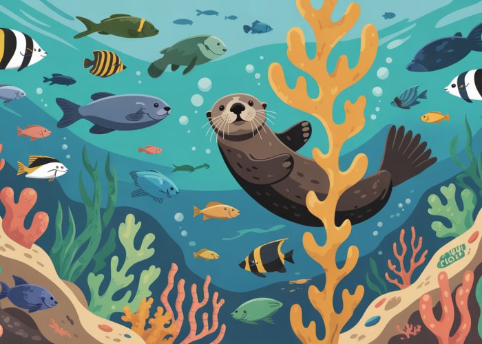Sea otter swimming in a vibrant coral reef, surrounded by kelp, fish, and other marine life.