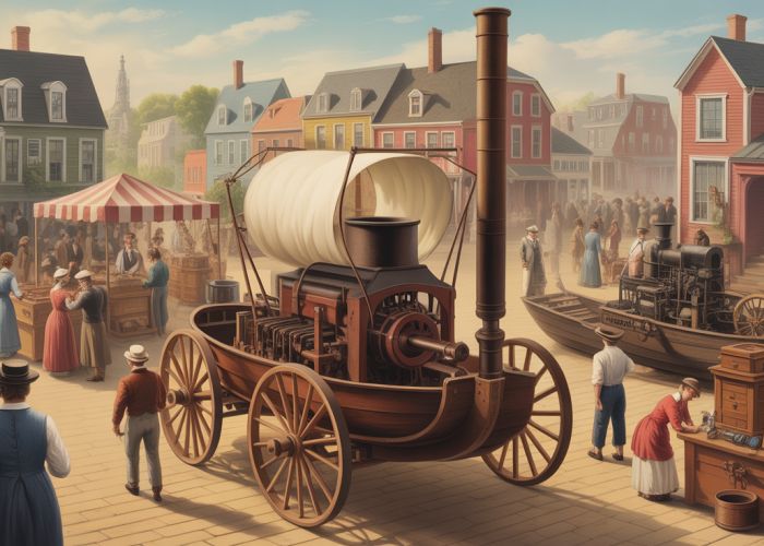 19th-century marketplace scene showcasing inventions like the cotton gin, steamboat, and telegraph, representing the Market Revolution.