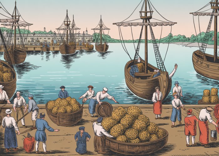 17th Century Maryland port scene showing tobacco and other goods being loaded onto ships for export.