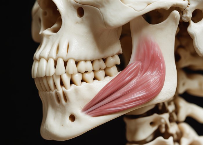 Anatomical illustration of masseter muscle attachment points on the skull, highlighting the origin on the zygomatic arch and insertion on the mandible.