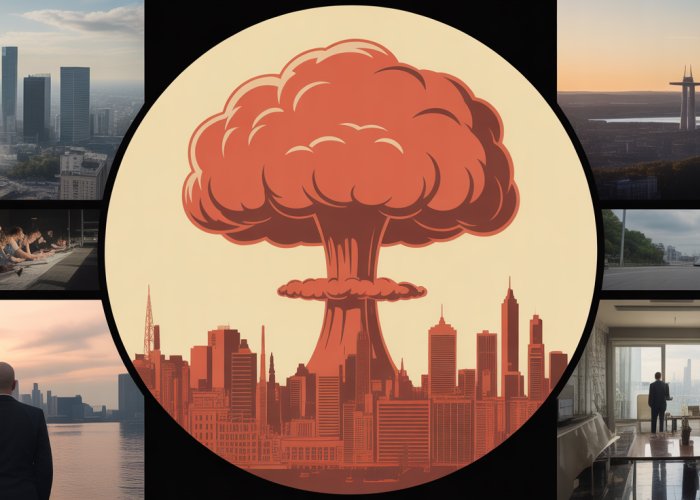 Mushroom cloud looms over a city, illustrating the concept of massive retaliation and nuclear deterrence.