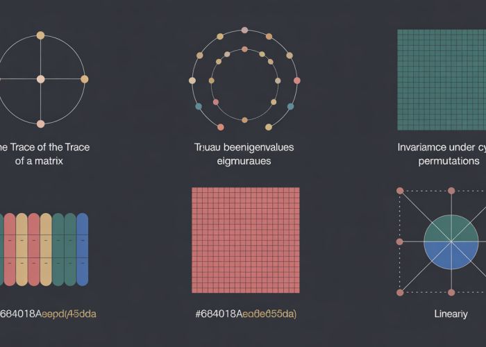 Visual representation of matrix trace properties: sum of eigenvalues, cyclic permutation invariance, and linearity, explained with colorful matrices and diagrams.