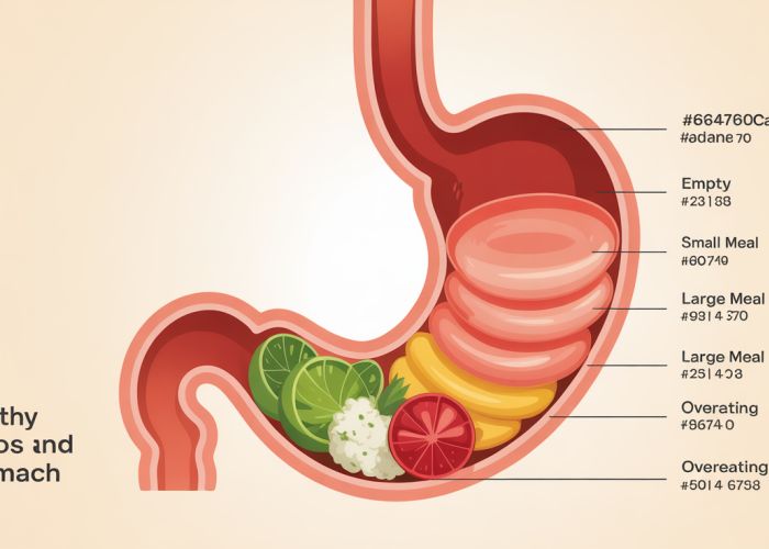 Infographic showing the expansion of the human stomach from empty to overfull, illustrating maximum stomach capacity and healthy eating portions.
