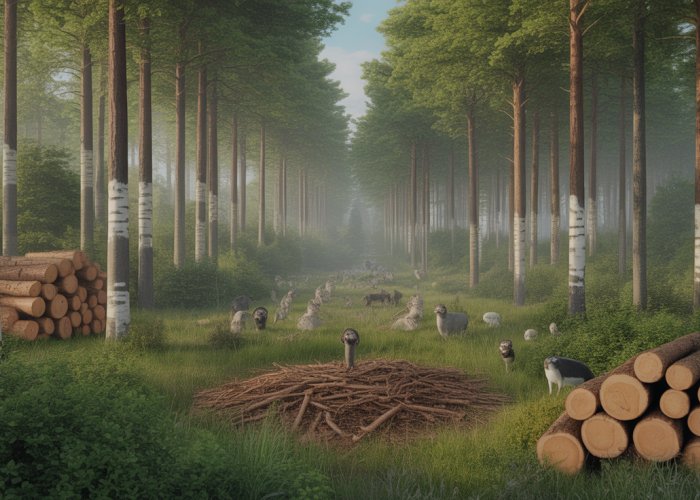 Lush forest scene illustrating the concept of maximum sustained yield, with selective logging and thriving wildlife.