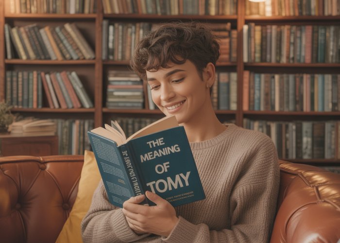 Person reading 'The Meaning of Tomy' book in a library.