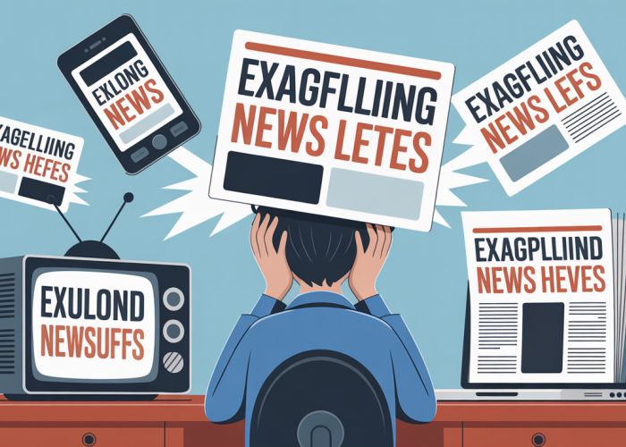Person overwhelmed by media influence, surrounded by TV, phone, laptop, and newspaper with sensationalized headlines.