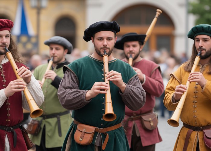 Medieval musicians playing shawms, crumhorns, and bagpipes at a festival.