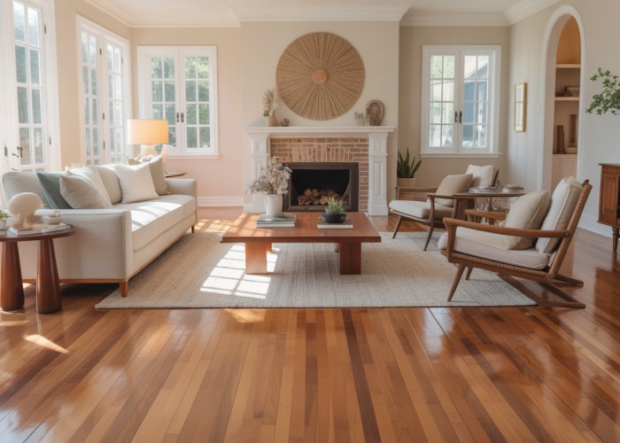 Living room with medium-toned hardwood floors and natural light.
