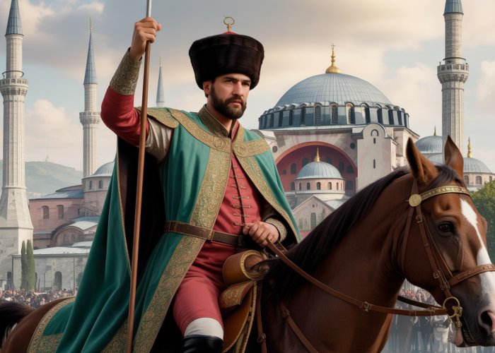 Sultan Mehmed II, 'The Conqueror', entering Constantinople after the Ottoman victory in 1453.