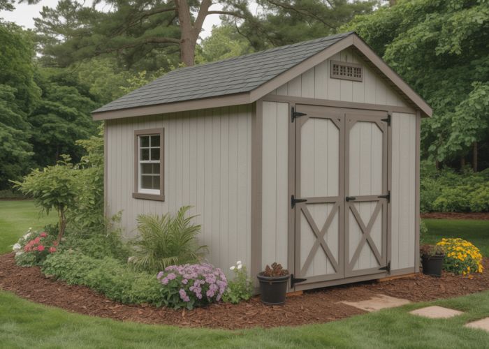 Menards garden shed seamlessly integrated into a well-landscaped backyard, providing convenient storage for gardening tools and equipment.