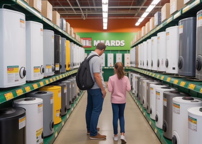 Menards water heater selection featuring both gas and electric models. A father and daughter are browsing the aisle.