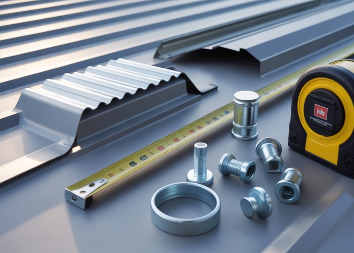 Close-up of various metal roofing components including panels, fasteners, flashing, and sealant.