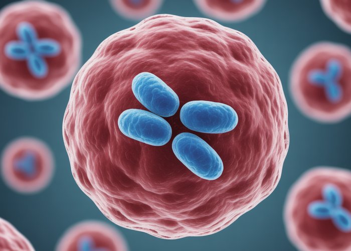 Microscopic view of a cell in metaphase with chromosomes aligned at the metaphase plate.