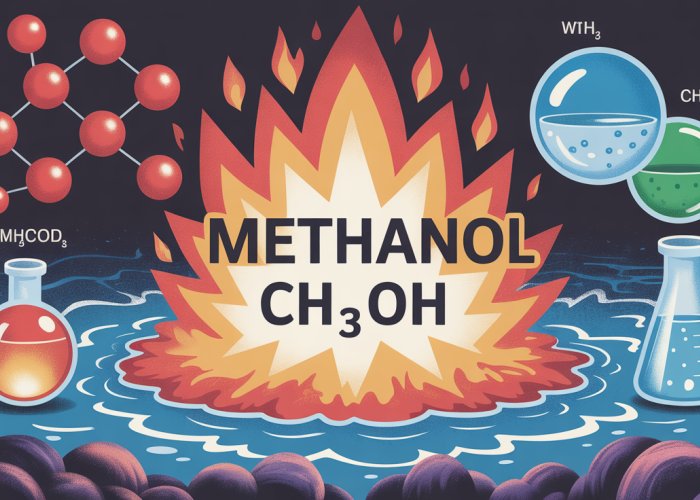 Illustration of methanol (CH3OH) combustion, showing methanol and oxygen reacting to form carbon dioxide, water, heat, and light.