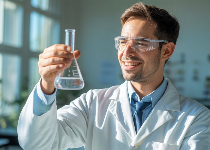 Chemist holding a beaker of methyl benzoate, showcasing its pleasant scent.