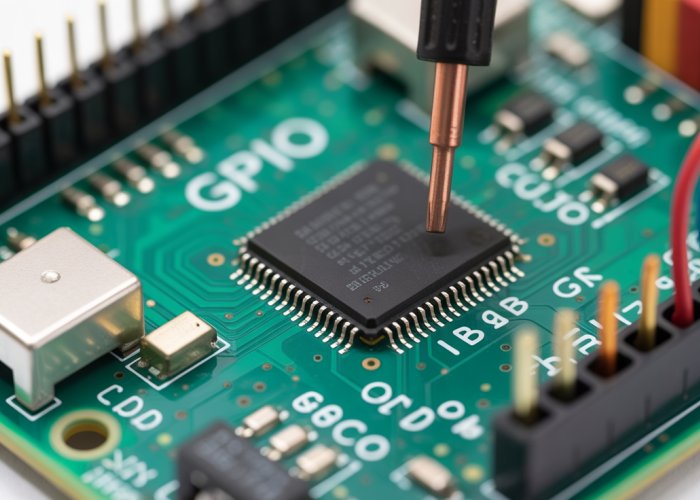 Microcontroller GPIO pins labeled for input/output operations