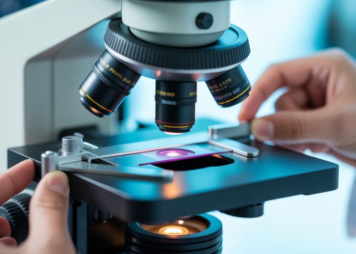 Close-up of a microscope slide being adjusted on the microscope stage, highlighting the function of slide positioning and focusing.