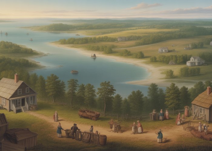 Historical illustration of the diverse climate and weather in the Middle Colonies, showcasing seasonal changes and activities.