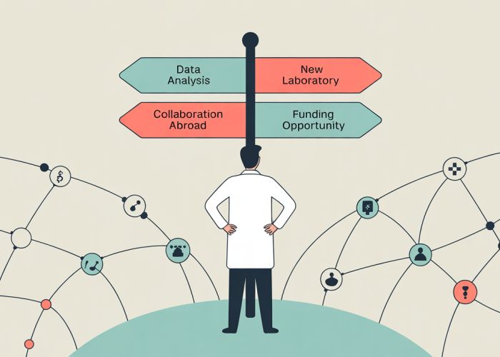 Scientist at a crossroads representing migration within the scientific field, choices include new labs, data analysis and collaborations.