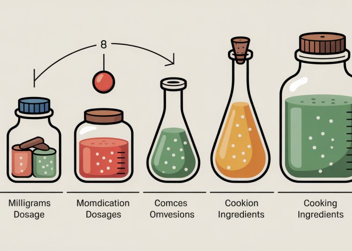 Infographic showing the conversion between milligrams (mg) and ounces (oz) with examples of everyday measurements.