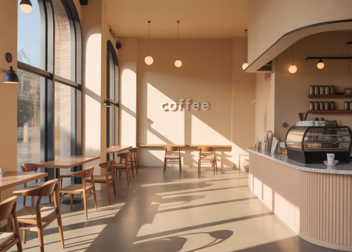 Modern minimalist coffee shop interior, first in a series.