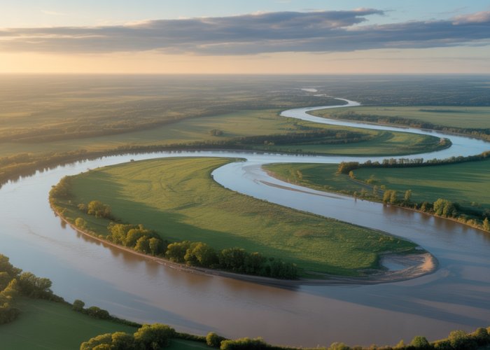Aerial view of the Mississippi River winding through lush green landscapes in America.