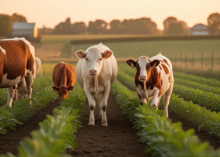 Cows grazing amongst harvested corn stalks on a family farm, illustrating the benefits of a mixed crop/livestock system.