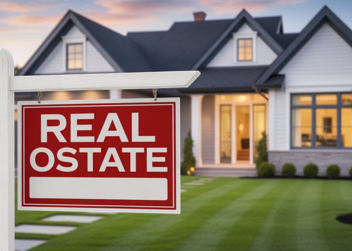 Modern home with 'Real Estate Options Available' sign indicating flexible home buying options.