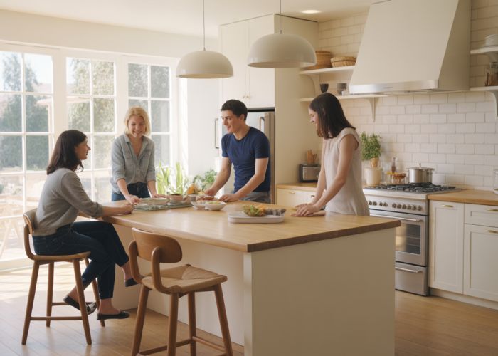 Modern kitchen island with standard height, perfect for cooking and socializing.