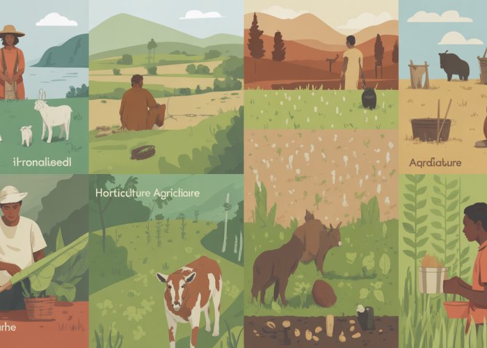 Visual representation of different modes of subsistence: foraging, pastoralism, horticulture, agriculture, and industrialism.