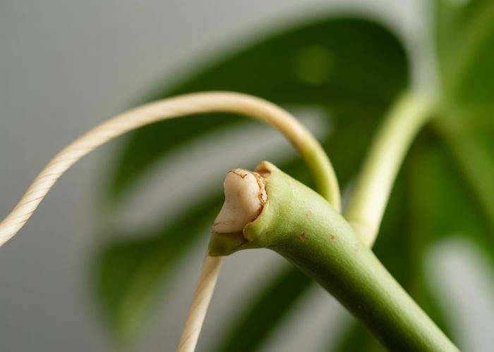 Close-up of a Monstera Albo node with aerial roots, showcasing the white variegation against the green stem.