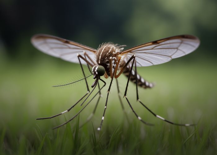 Mosquito flying low to the ground in a grassy area.