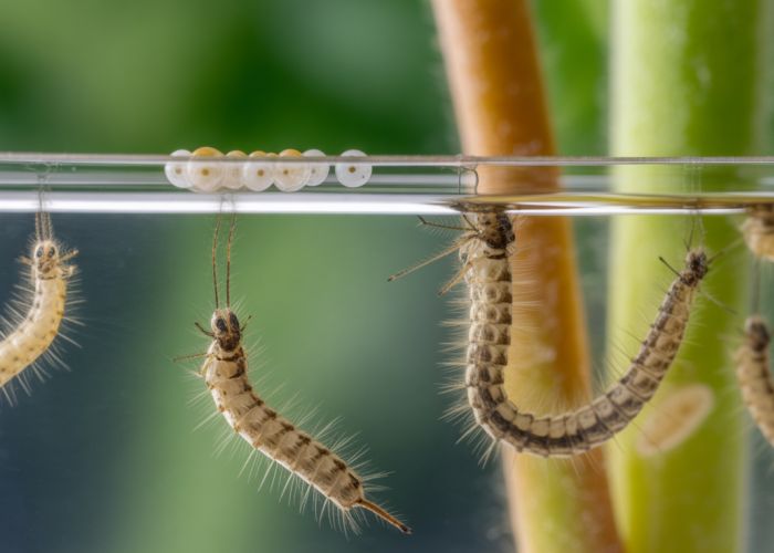 Mosquito larvae and eggs in water, illustrating mosquito hatching time stages.