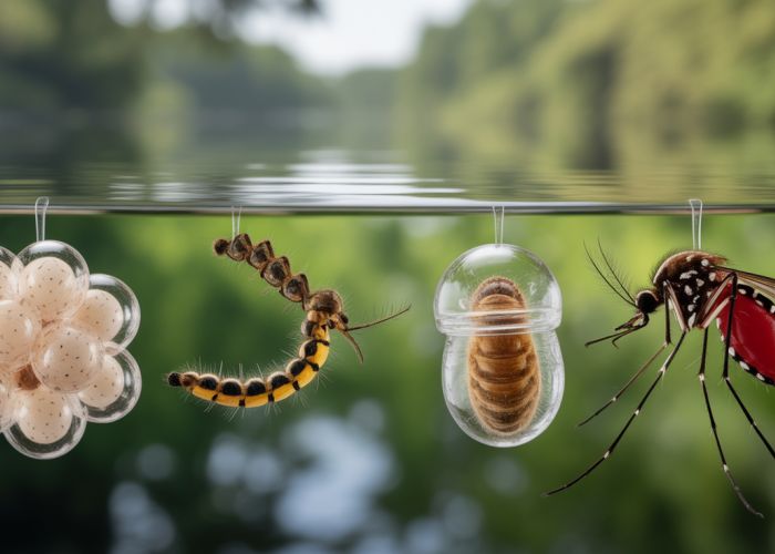 Mosquito life cycle stages: egg, larva, pupa, adult.