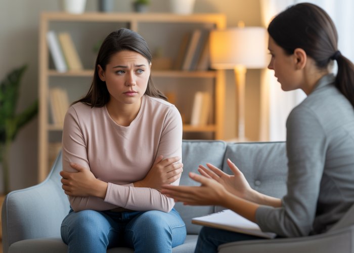 Therapist and client in session; client shows signs of resistance while therapist listens empathetically.