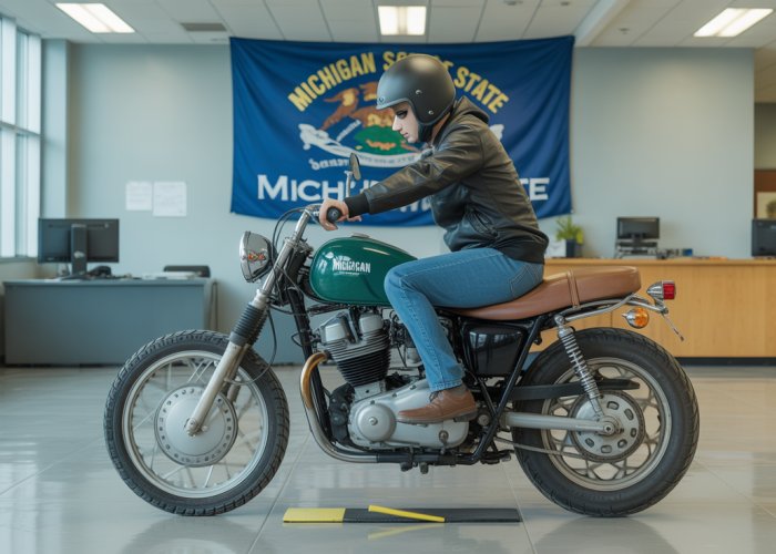 Motorcyclist passing the Michigan motorcycle skills test at the Secretary of State office.