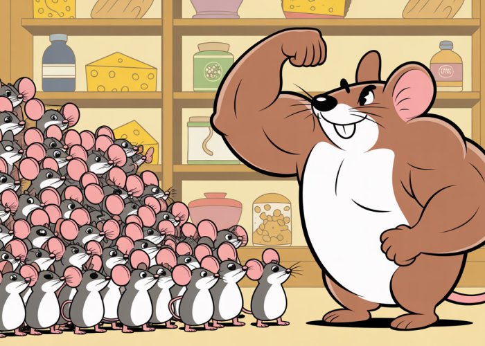 Cartoon illustration of a single strong mouse facing a group of scared mice in a pantry.