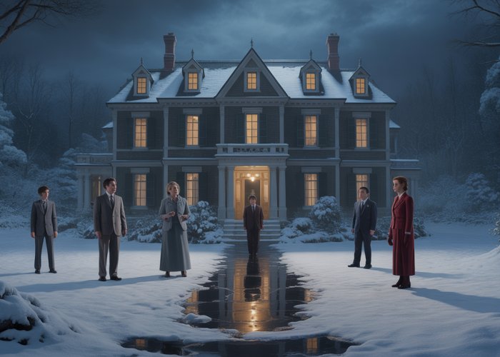 A tense scene depicting the guests trapped in Monkswell Manor during a snowstorm, hinting at the mystery of Agatha Christie's 'The Mousetrap'.
