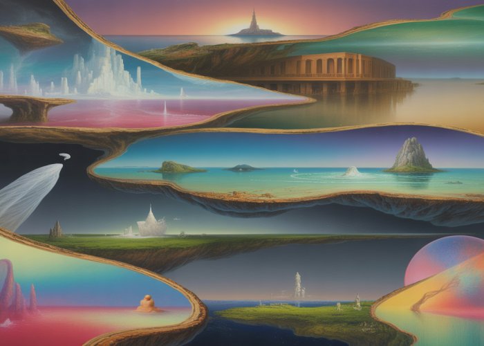 Digital art depicting multiple dream worlds layered on top of each other, showcasing surreal and abstract elements.
