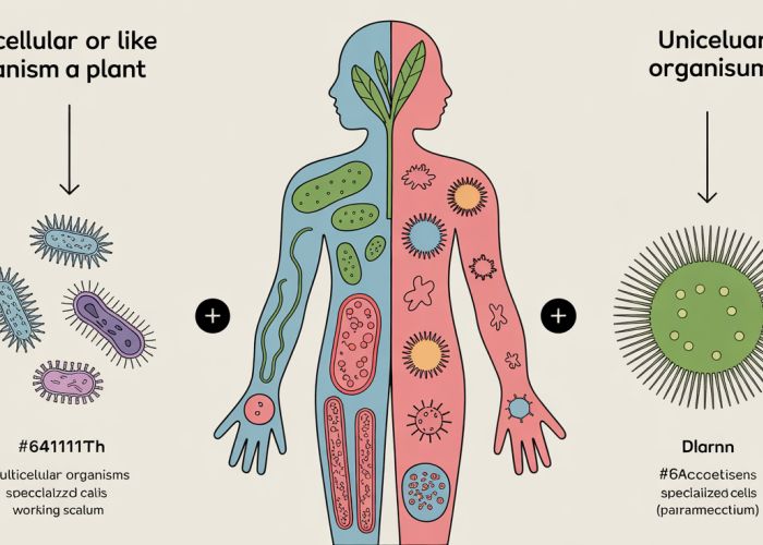 Comparison of a human cell vs. a bacteria cell, illustrating the difference in complexity between multicellular and unicellular organisms.