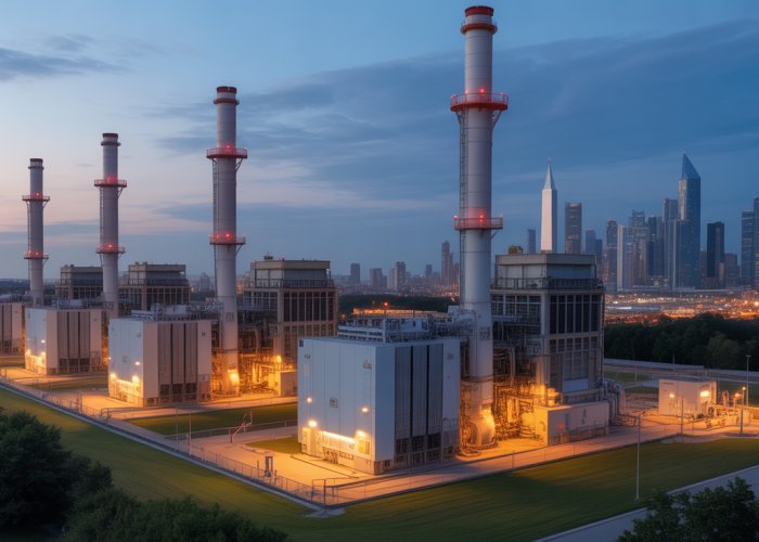 Natural gas power plant providing energy to a thriving city skyline.