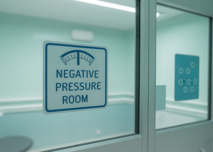 Negative pressure ventilation system in a hospital isolation room, showing airflow indicator.