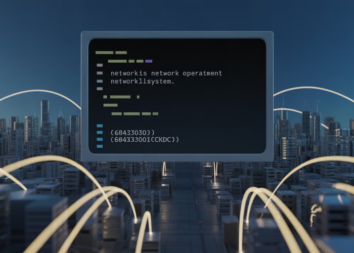 Futuristic city with glowing data streams, visualizing a network operating system.