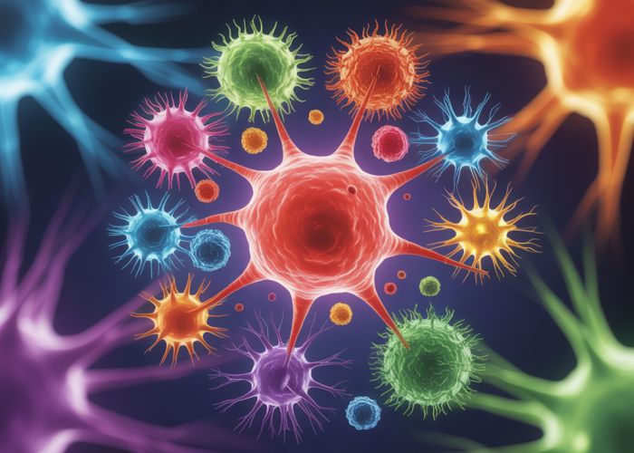 Microscopic view of neuroglial cells (astrocytes, oligodendrocytes, microglia, ependymal cells) surrounding a neuron, highlighting their support functions.