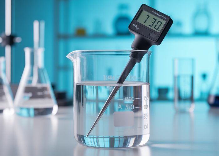 pH meter reading 7.0 in a clear solution, representing a neutral solution.