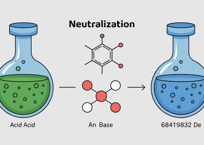 Diagram showing the formation of salt and water molecules from the neutralization reaction between an acid and a base.