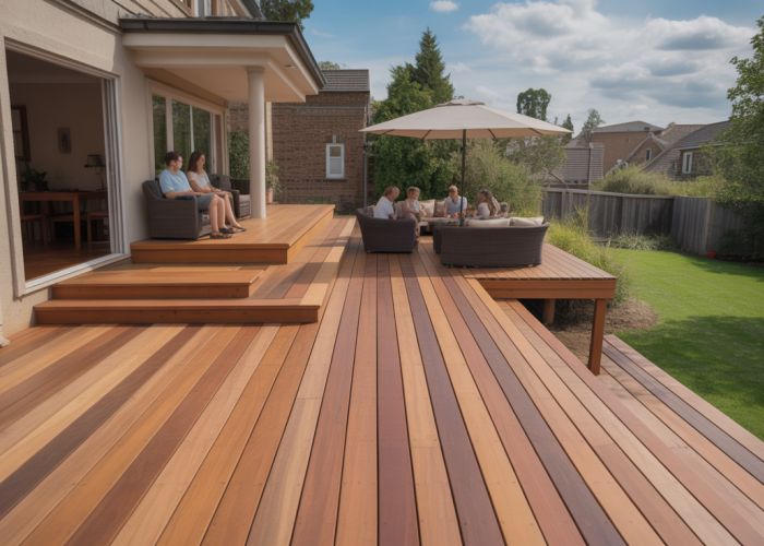 Newly constructed wooden decking providing an outdoor living space in a backyard.